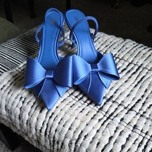 Zara Blue Satin Pointed-Toe Slingback Heels with Bow